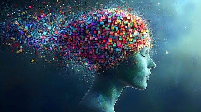 A blue silhouette of a person's head in profile, with colorful blocks exploding from their brain.