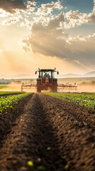 A modern tractor spreads fertilizer evenly across lush green field under dramatic sky. warm sunlight enhances vibrant colors, creating serene agricultural scene