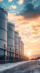 Obraz premium Fertilizer storage silos stand tall against stunning sunset, showcasing their industrial design in large agricultural facility. scene captures essence of farming and production