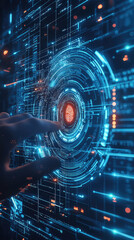 Fototapeta premium Unlocking digital security system with fingerprint scanner showcases advanced technology and innovation. vibrant blue and red colors create futuristic atmosphere, emphasizing importance of security