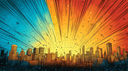 vibrant city skyline with rays of light radiating, creating a dramatic atmosphere.