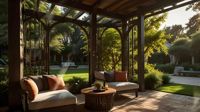 Living room at the back of the house with wooden pergola. Seamless 4K looping timelapse video animation background