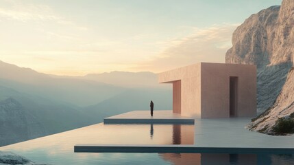 Fototapeta premium A minimalist modern house perched on a cliff overlooking a valley with a person standing on the patio.