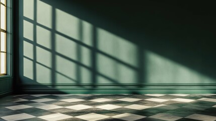 A minimalist room with a green wall, checkered floor and sunlight streaming through a window.