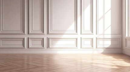 Naklejka premium A minimalist room with white paneled walls, a wooden floor, and sunlight streaming through a window.