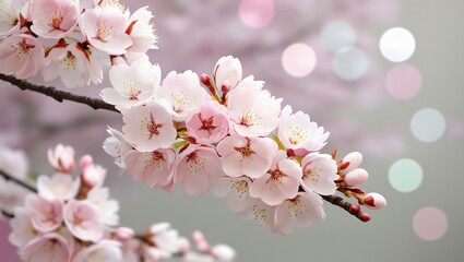 High-resolution close-up of cherry blossoms in full bloom with a diagonal branch, delicate pink petals, blurred bokeh background in pastel colors, serene spring beauty, generative AI