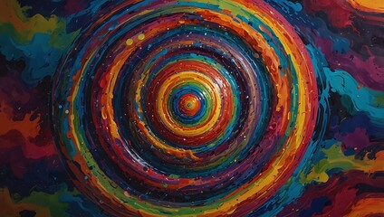 A vibrant circular pattern with rainbow hues creates a hypnotic spiral effect it appears in a gallery context	