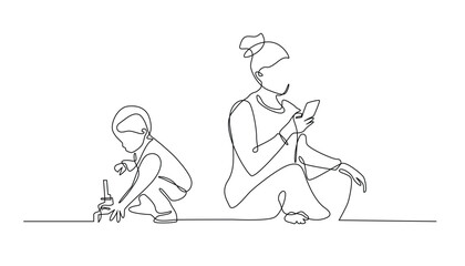 continuous line of parents busy with cellphones and children playing alone.one line drawing of family concern.single line of child concern.isolated white background