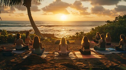 Tranquil beach scene with a wellness coach guiding a meditation session during sunrise as participants sit in a circle on yoga mats embracing peace and calm