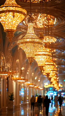 Obraz premium Glistening chandeliers illuminate grand casino lobby, creating luxurious and inviting atmosphere. warm glow of lights enhances elegance of space, captivating visitors