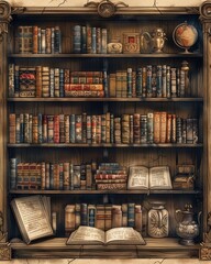 Detailed vintage bookshelf filled with an array of old books, decorative items, and an inviting open book.