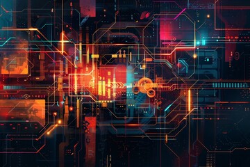 Fototapeta premium Dynamic abstract background featuring vibrant colors and intricate circuitry, ideal for technology and innovation themes.