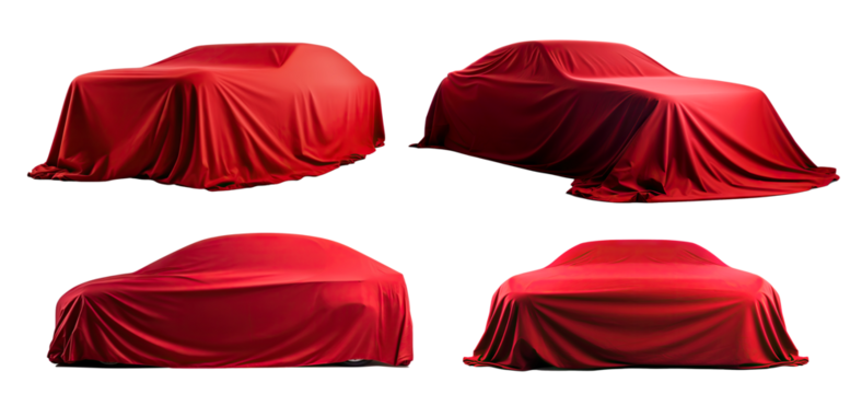 Set of red fabrics draping over cars, cut out