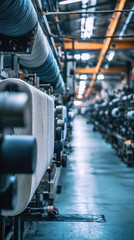Obraz premium Large scale textile production facility with fabric machinery and spools. environment is bustling with activity, showcasing intricate processes of fabric manufacturing