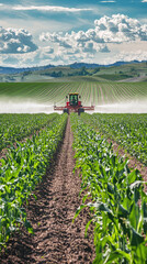 Obraz premium Liquid fertilizer being sprayed on vast cornfield, showcasing lush green crops and expansive landscape under beautiful sky. scene captures essence of modern agriculture and importance of crop care