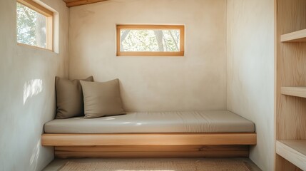 Minimalist cozy corner with a built-in wooden daybed and soft pillows, framed by natural light filtering through small windows