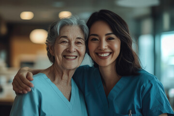 Fototapeta premium Young female nurses and elderly people in the hospital