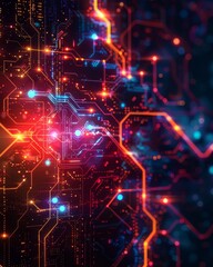 Fototapeta premium Vibrant abstract digital circuit background with glowing lines and nodes, perfect for technology and innovation themes.