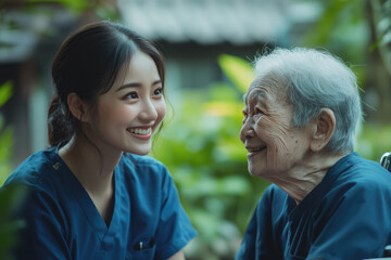 Young female nurses and elderly people in the hospital