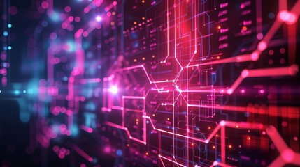 Fototapeta premium Vibrant digital circuit design with neon lines and glowing nodes, showcasing modern technology and futuristic aesthetics.