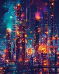 Obraz premium Vibrant futuristic cityscape with neon lights and glowing technology, showcasing a blend of innovation and urban life.