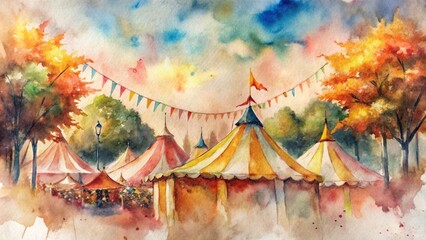 Fototapeta premium Bright watercolor postcard with colorful autumn tents and orange foliage. Fall banner with seasonal holiday carnival