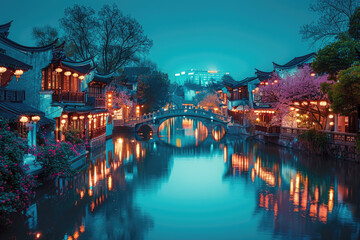 Fototapeta premium Chinese ancient town at night, ancient stone bridges and residential buildings