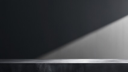 Minimalist modern design with a dark monochromatic color scheme, featuring a textured concrete surface, smooth dark wall, and a dramatic diagonal light beam, generative ai