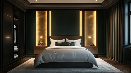 A modern bedroom with a dark green wall, white bedding, wooden nightstands, and a plush rug.