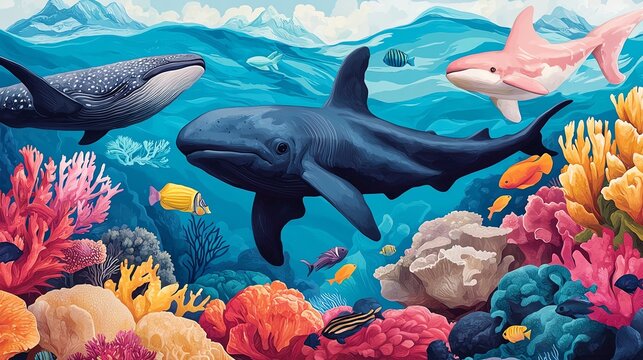 Colorful underwater scene with sharks, coral, and vibrant marine life. A captivating marine ecosystem illustration.