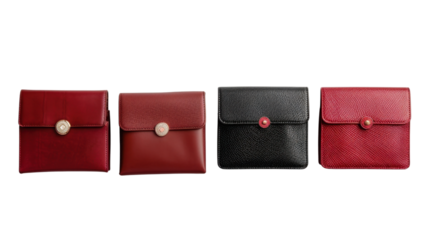 Woman different purses in row on transparent background