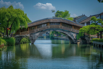 Chinese ancient town at night, ancient stone bridges and residential buildings