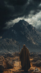Fototapeta premium Moses standing at foot of Mount Sinai, gazing at stormy sky, embodies moment of reflection and determination. dramatic landscape enhances emotional weight of scene