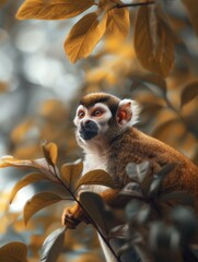 Fototapeta premium Portrait of a Common squirrel monkey, Saimiri sciureus, surrounded by forest leaves