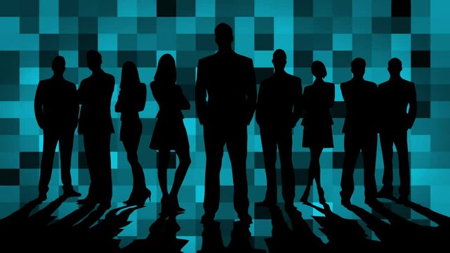 Silhouettes of Businessmen and Businesswomen Standing Together Backlit by Flashing Blue and Black Pixels