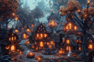 A mystical village illuminated by glowing pumpkins and warm lights, creating a magical Halloween atmosphere in an enchanted forest.