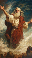 Fototapeta premium Moses with his arms outstretched, guiding people through turbulent waters, embodies strength and leadership. dramatic waves and expressions of crowd evoke sense of awe and faith