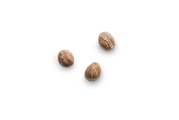 Closeup organic whole raw nutmegs isolated on a transparent background with shadow from above, top...