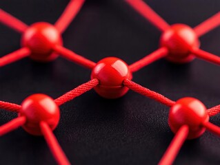 Close-up view of a red network of threads and nodes on a dark background, symbolizing connection and collaboration.