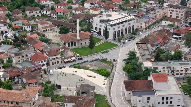 Xhamia Mbret Mosque and Berat town center, high angle drone view