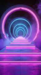 Fototapeta premium A vibrant neon pathway illuminated by pink and blue lights leads into mysterious circular tunnel, creating an enchanting atmosphere filled with fog