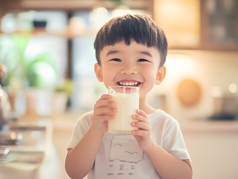 A cheerful young boy drinks a glass of milk in a warm, cozy kitchen setting, promoting healthy habits and happiness.