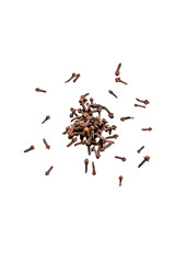 Closeup of organic dry spice cloves isolated on a transparent background without shadow from above,...