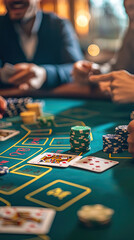 People celebrating at blackjack table after hitting winning hand, surrounded by chips and cards, creating an atmosphere of excitement and joy