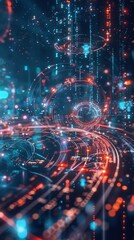 Obraz premium A vibrant digital landscape featuring glowing lines and data streams, showcasing advanced technology and futuristic design.