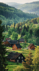 Obraz premium Picturesque Swedish village nestled in lush green forest, showcasing charming wooden houses surrounded by vibrant trees and rolling hills. serene landscape evokes sense of tranquility and natural beau