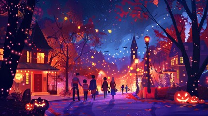 A vibrant Halloween scene with glowing lanterns, colorful trees, and families strolling through a festive neighborhood at night.