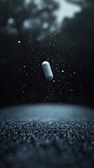 A white capsule pill is suspended in mid air, surrounded by droplets of water, creating mystical and serene atmosphere. dark, misty background enhances floating effect, evoking sense of calm and intri