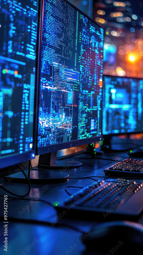 Poster high tech computer monitors displaying cybersecurity data and analytics in dark environment. vibrant