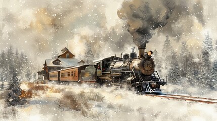 A vintage steam train traversing a snowy landscape, surrounded by forest and emitting billows of steam and smoke.